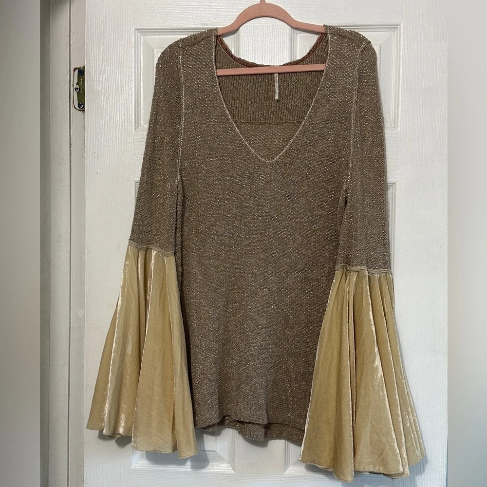 Free People Celestial Knit Bell Sleeve Metallic & Velvet Sweater M